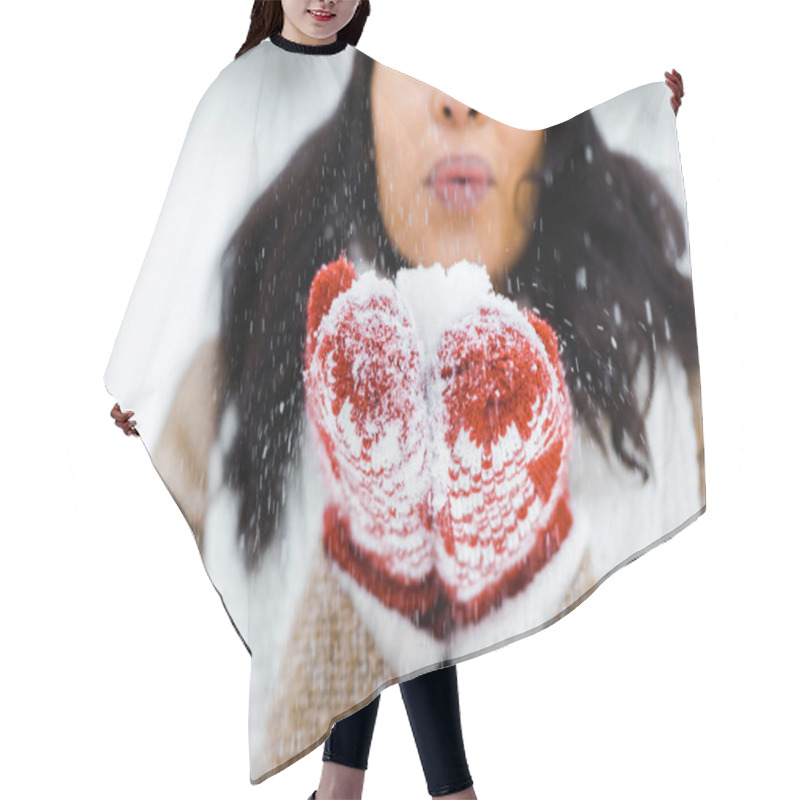 Personality  Cropped View Of Beautiful African American Woman Blowing Snow In Winter Forest And Looking At Snow Hair Cutting Cape