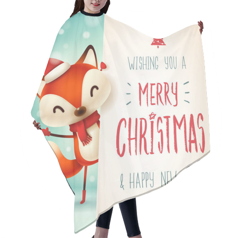 Personality  Cute Little Fox With Big Signboard. Merry Christmas Calligraphy Lettering Design. Creative Typography For Holiday Greeting. Hair Cutting Cape