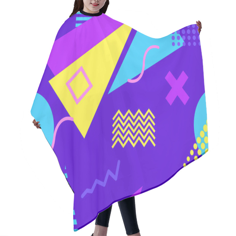 Personality  Memphis Seamless Pattern With Geometric Shapes In The Style Of The 80s. Multi-colored Triangles, Circles And Zigzags For Promotional Products, Wrapping Paper And Printing. Vector Illustration Hair Cutting Cape