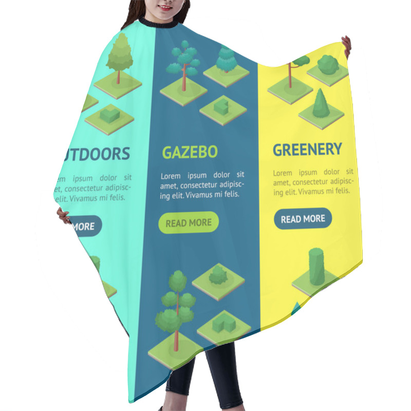 Personality  Green Trees Park Banner Vecrtical Set 3d Isometric View. Vector Hair Cutting Cape