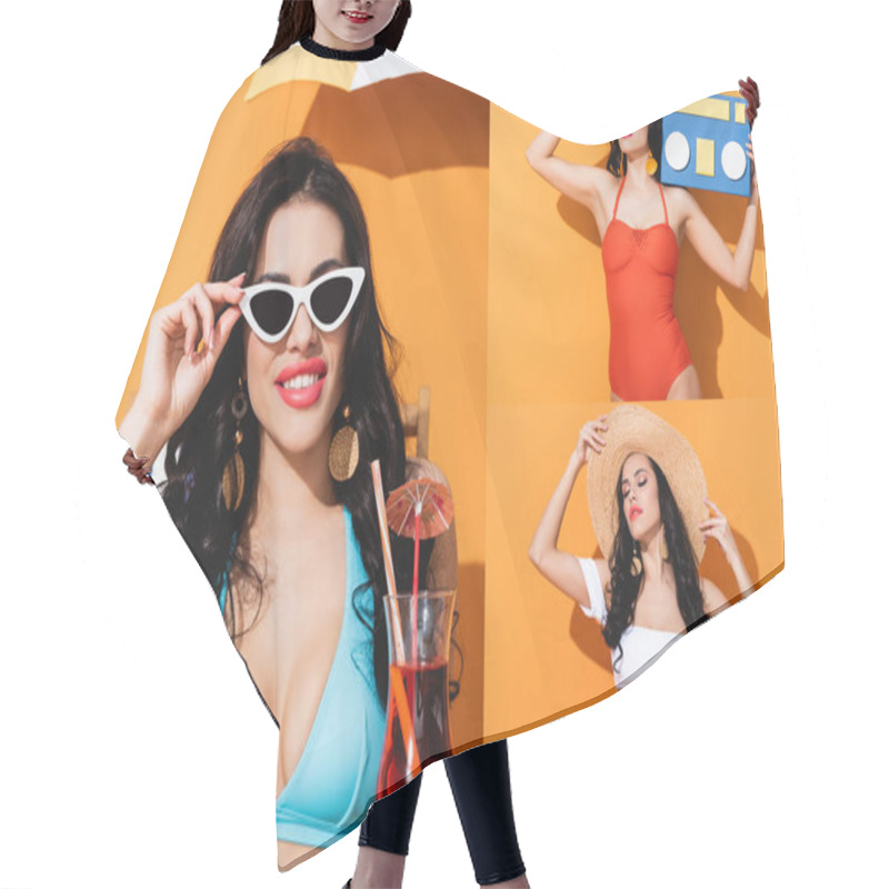 Personality  Collage Of Girl In Sunglasses Holding Cocktail And Paper Cut Boombox While Touching Straw Hat On Orange Hair Cutting Cape