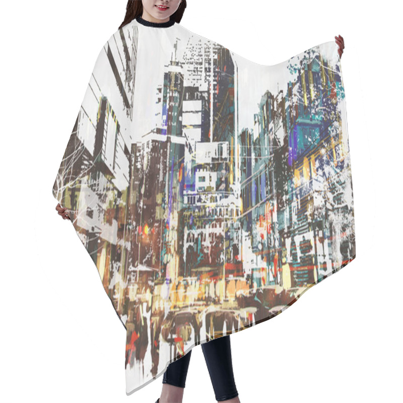 Personality  People Walking In City With Abstract Grunge Painting Hair Cutting Cape