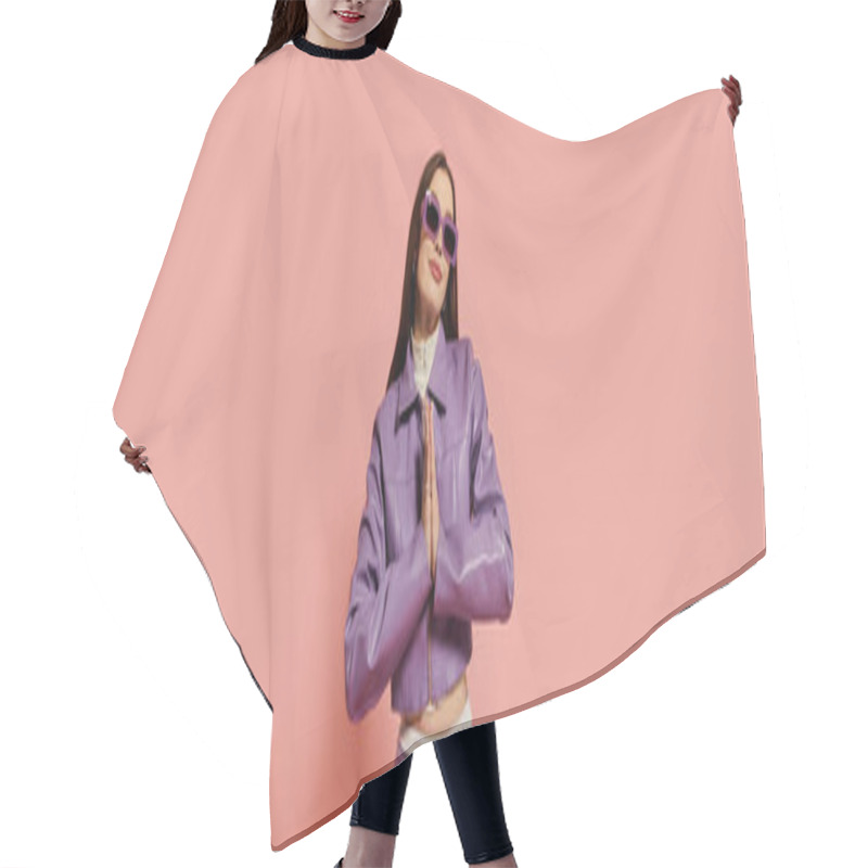 Personality  A Stylish Woman Confidently Poses In Her Trendy Purple Outfit. Hair Cutting Cape