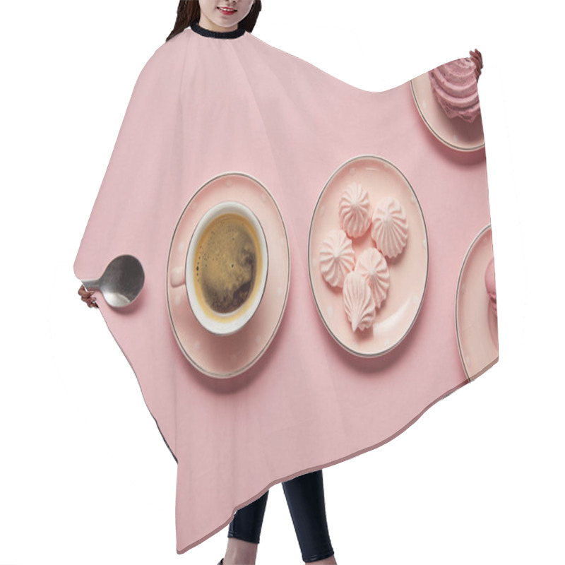 Personality  Top View Of Pink Meringues And Macaroons On Pink Dotted Saucers With Spoon And Cup Of Coffee On Pink Background Hair Cutting Cape