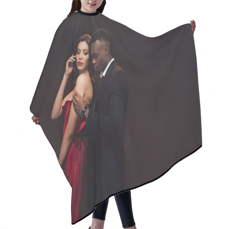 Personality  Beautiful Sensual Interracial Couple In Formal Wear Posing Isolated On Black With Copy Space Hair Cutting Cape