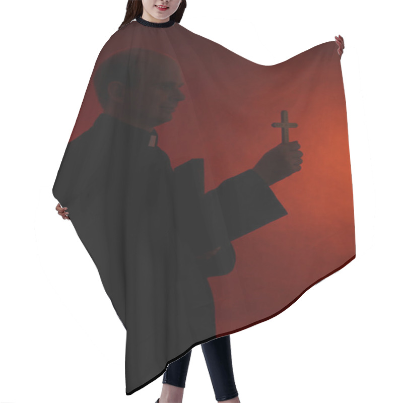 Personality  Young Pastor With Cross And Bible, On Dark Red Background Hair Cutting Cape