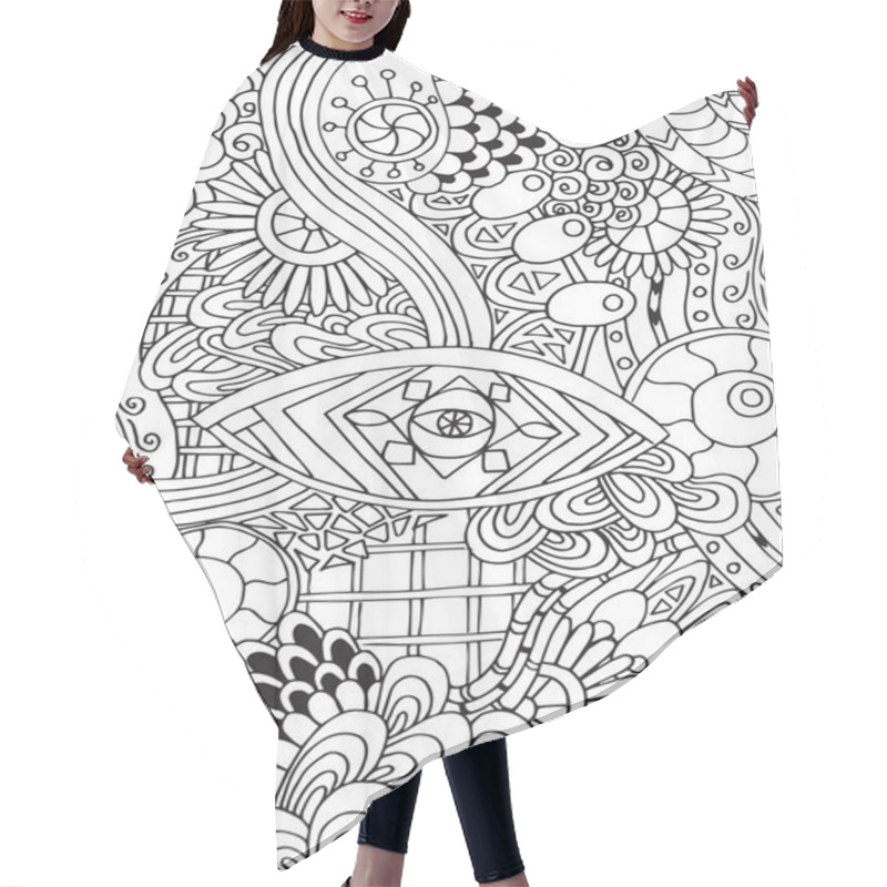 Personality  Doodle Background In Vector With Doodles, Flowers And Paisley. Vector Ethnic Pattern Can Be Used For Wallpaper, Pattern Fills, Coloring Books And Pages For Kids And Adults. Black And White. Hair Cutting Cape