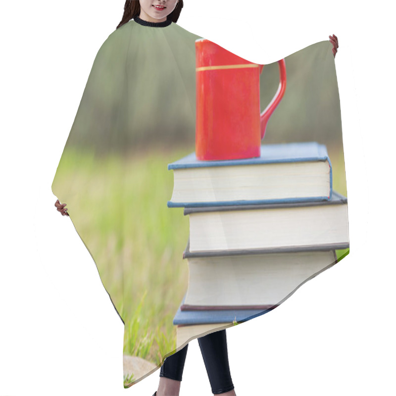 Personality  Pile Of Closed Book With Cup Of Coffee  Hair Cutting Cape