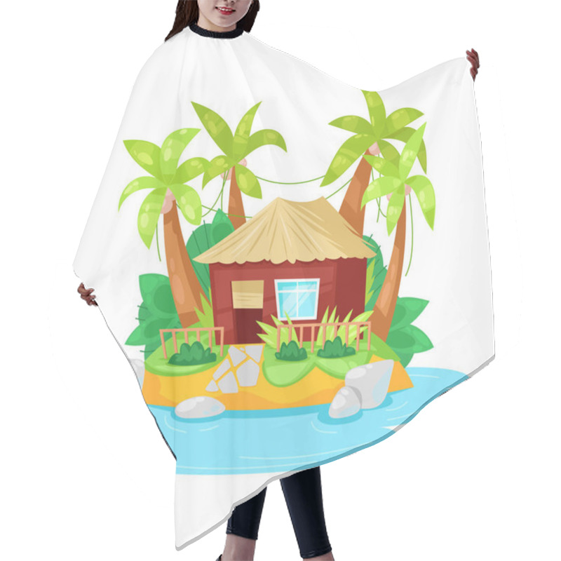 Personality  Tropical Island In Ocean With Palm Trees And Bungalow Hut. Hair Cutting Cape