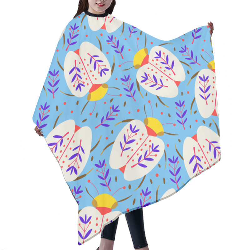 Personality  Stylish Minimalistic Pattern Featuring White And Yellow Bugs With Floral Elements, Complemented By Foliage On A Blue Background. Perfect For Textiles, Wallpapers, And Nature-inspired Creative Projects Hair Cutting Cape