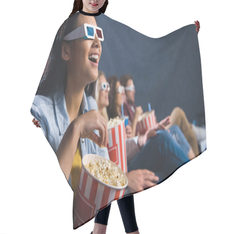 Personality  Happy Asian Woman In 3d Glasses With Popcorn Watching Movie In Cinema Hair Cutting Cape