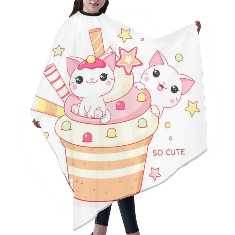 Personality  Cute Yummy Card In Kawaii Style. Two Lovely Cats With Cupcake Hair Cutting Cape