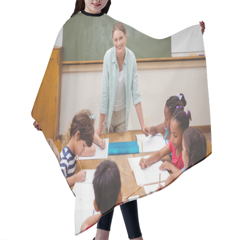 Personality  Teacher And Pupils Working At Desk Together Hair Cutting Cape