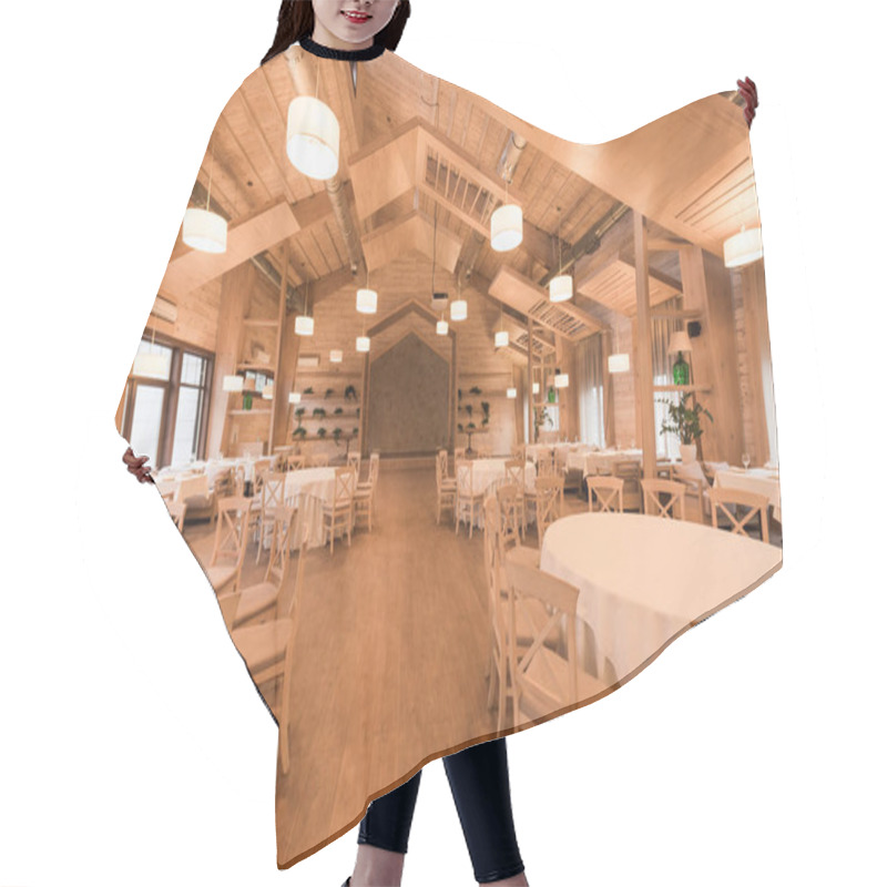 Personality  Empty Restaurant With Wooden Interior Hair Cutting Cape