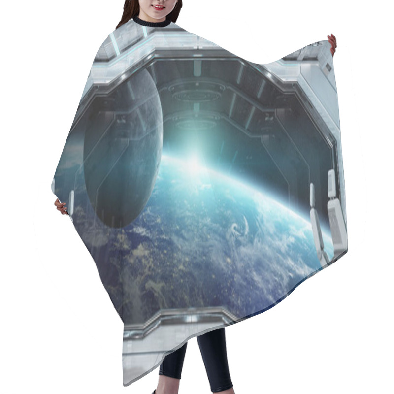 Personality  White Clean Spaceship Interior With View On Planet Earth 3D Rendering Elements Of This Image Furnished By NASA Hair Cutting Cape