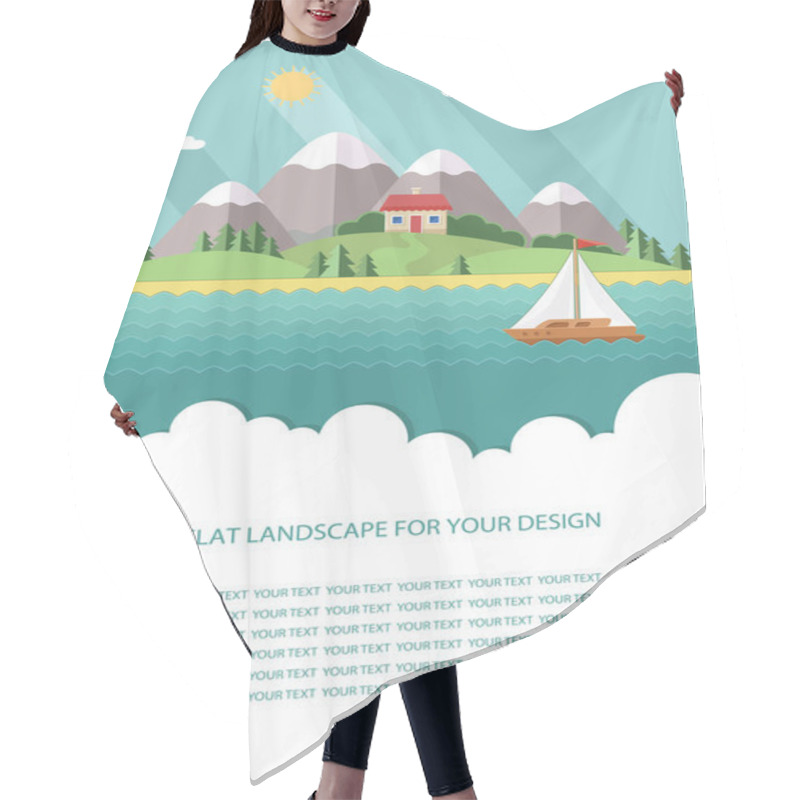 Personality  Blank For Text. Spring, Summer Landscape. Little City Street With Small Houses And Trees, Yacht On The Lake. Flat Vector Infographics Design Hair Cutting Cape