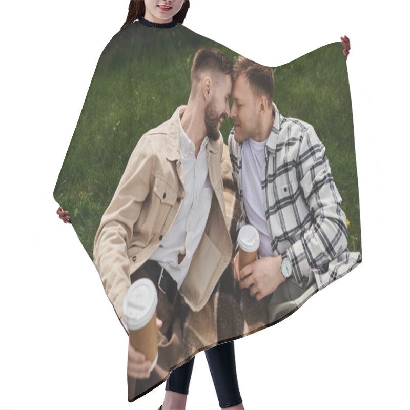 Personality  A Couple Of Men Relax On A Grassy Field Under The Open Sky. Hair Cutting Cape