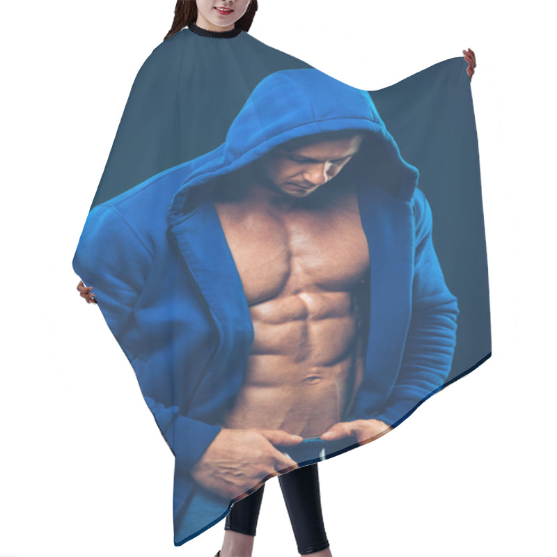 Personality  Man With Muscular Torso. Strong Athletic Men Fitness Model Torso Showing Six Pack Abs. Hair Cutting Cape