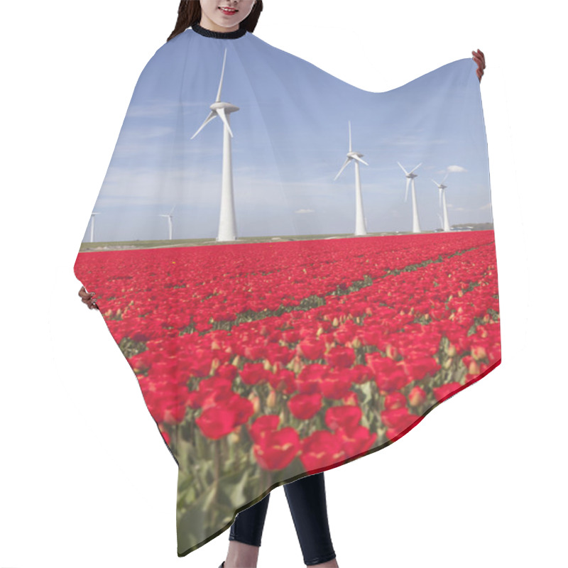 Personality  Wind Turbines Against Blue Sky And Red Tulip Field In Holland Hair Cutting Cape