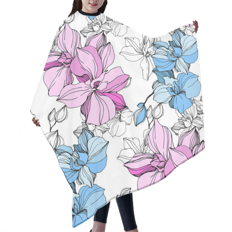 Personality  Vector Pink And Blue Orchids. Wildflowers Isolated On White. Engraved Ink Art. Seamless Background Pattern. Wallpaper Print Texture. Hair Cutting Cape