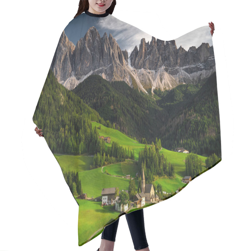 Personality  Santa Maddalena, Tyrol, Italy. Valley Val Di Funes. Church And Odle Mountains Group. Hair Cutting Cape