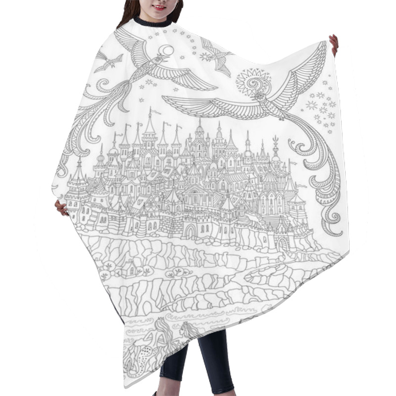 Personality  Vector Fairy Tale Island With Castle And Houses, Mermaids On Sea Cliffs, Fantasy Birds With Stars. Adults And Children Coloring Book Page Hair Cutting Cape