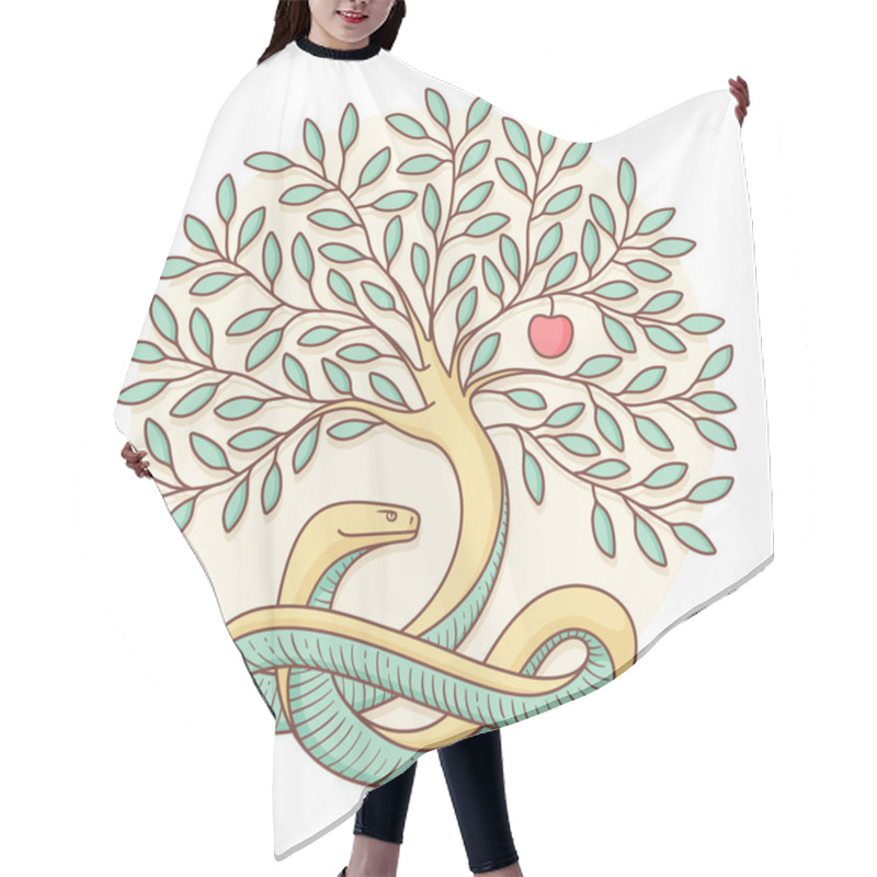 Personality  Tree Of The Knowledge Of Good And Evil With Snake And Apple. Colorful Design. Vector Illustration. Hair Cutting Cape