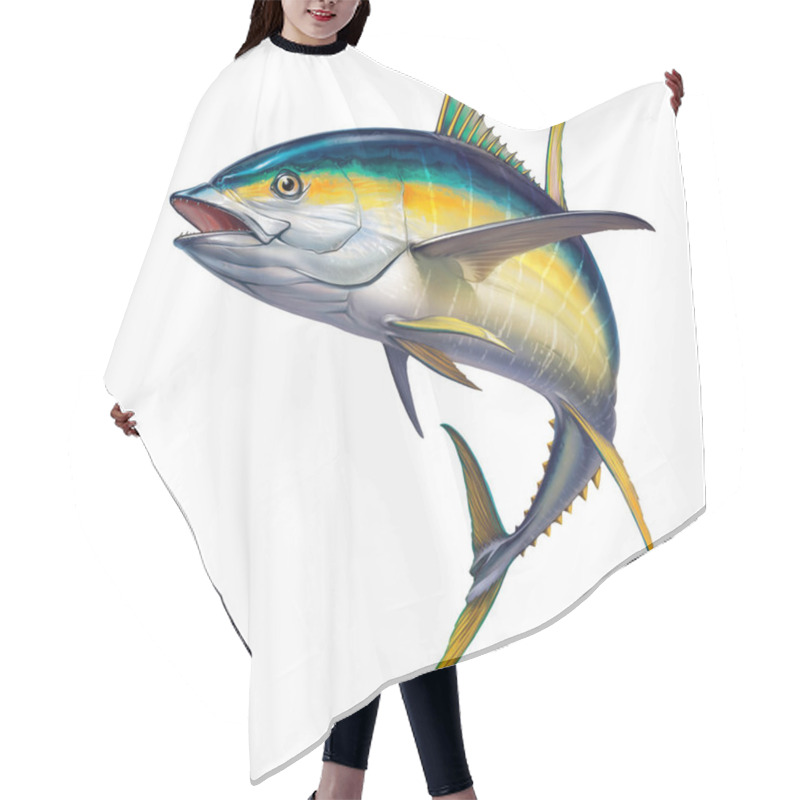 Personality  Yellow Tuna. Black Fin Yellow Tuna On White. Realistic Isolated Illustration. Hair Cutting Cape