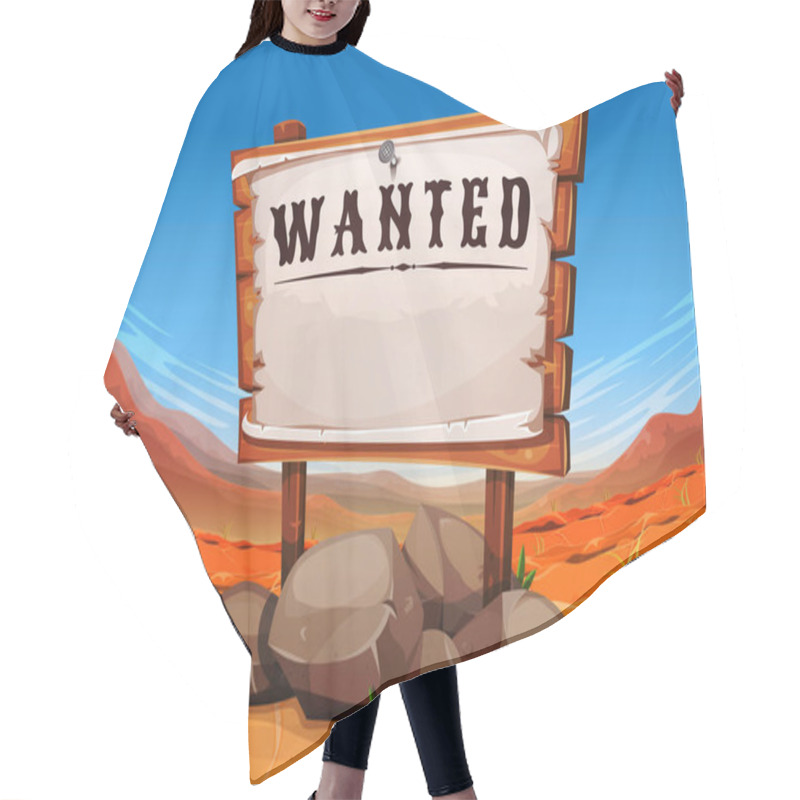 Personality  Wide Far West Desert Landscape Background With Wanted Wooden Sign Hair Cutting Cape