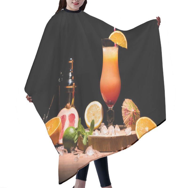 Personality  Alcohol Cocktail With Orange Juice On Wooden Board With Fruits On Table Hair Cutting Cape