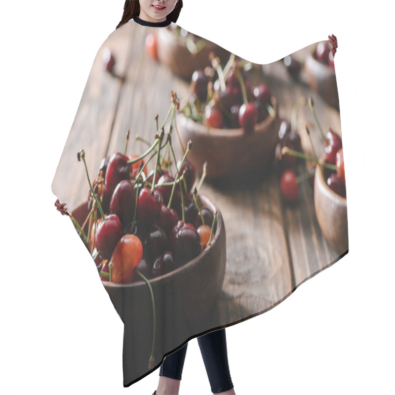 Personality  Close-up View Of Fresh Ripe Sweet Cherries In Bowls On Wooden Table Hair Cutting Cape