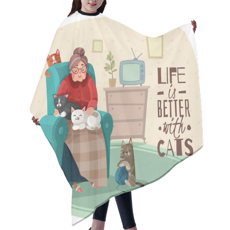 Personality  Lady In Armchair Cats Illustration Hair Cutting Cape