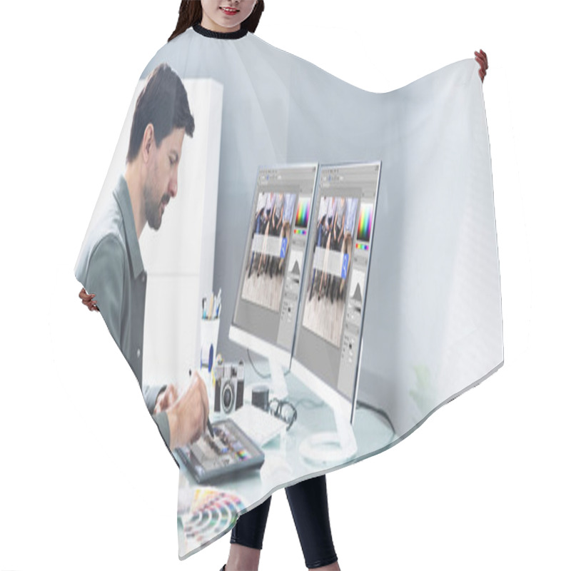 Personality  Graphic Photo Designer Using Computer Screen And Tablet Hair Cutting Cape