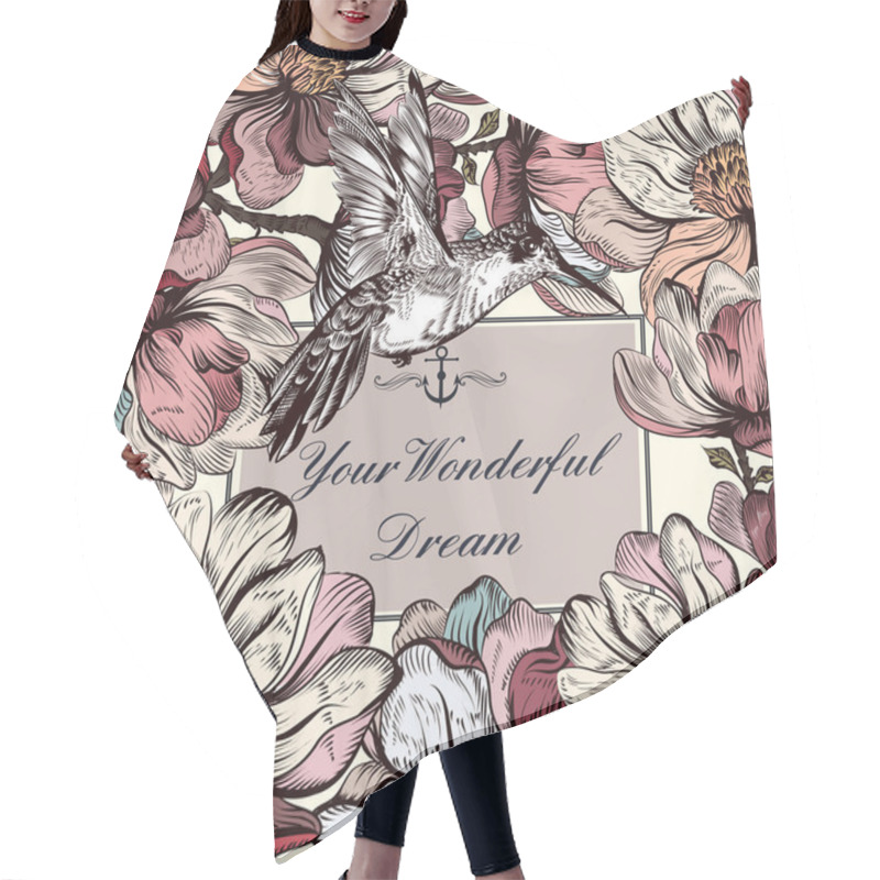 Personality  Vector Background With Magnolia Flowers And Bird In Engraved Sty Hair Cutting Cape