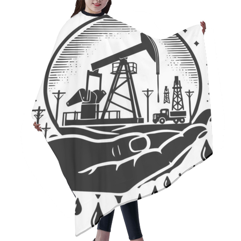 Personality  Detailed Black And White Illustration Of Oil Extraction Scene With Oil Pumpjack Truck Hair Cutting Cape