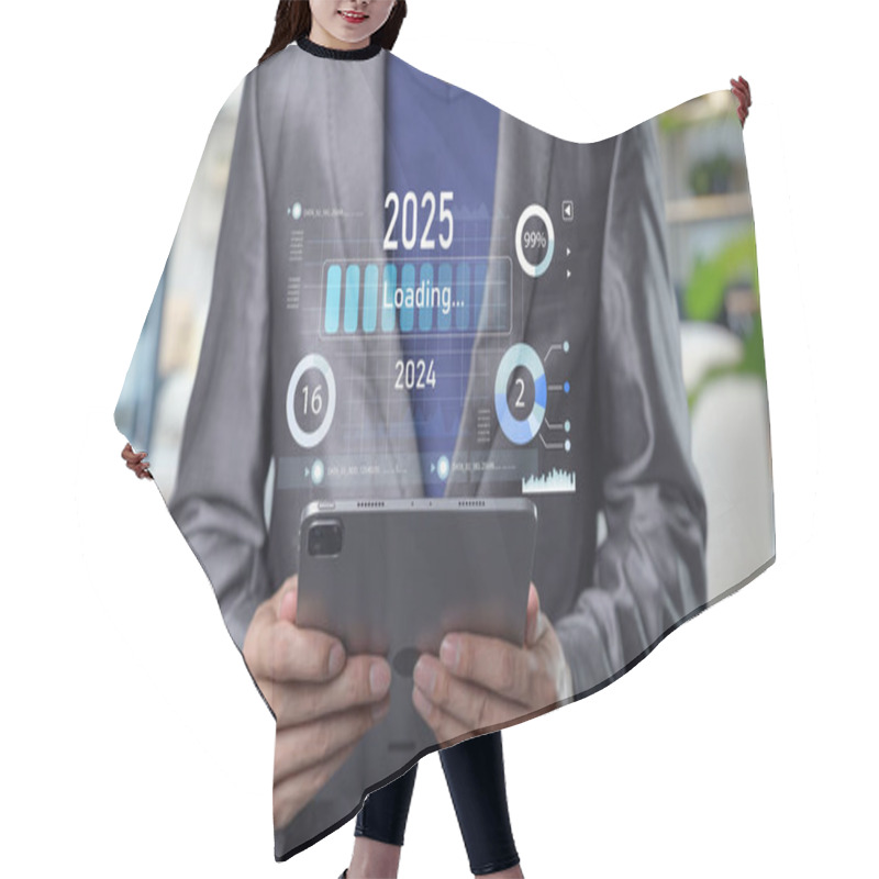 Personality  A Businessman Interacts With A Tablet Showing Loading Progress Indicators For 2025, Representing Future Trends And Digital Innovation In Business Analytics. Progress And Transition From 2024 To 2025 Hair Cutting Cape