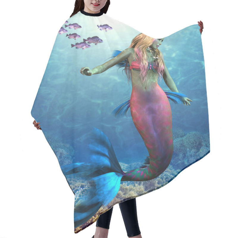 Personality  A School Of Blue Rockfish Swim Along Side Of A Beautiful Mermaid As She Glides Along An Ocean Reef. Hair Cutting Cape