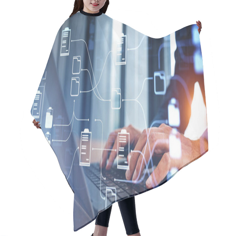 Personality  Businessman Texting In Laptop, Closeup Fingers Typing. Double Exposure Online Documentation System And Business Files Storage. Concept Of Database, Data Security And Dashboard Hair Cutting Cape