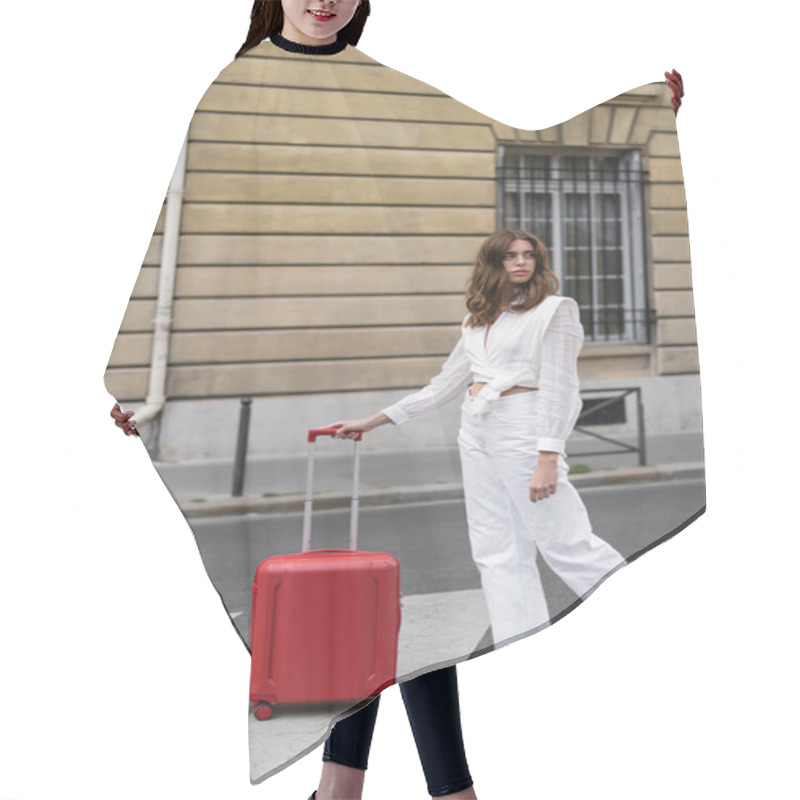 Personality  Young Woman In Blouse Standing Near Suitcase On Urban Street In France  Hair Cutting Cape