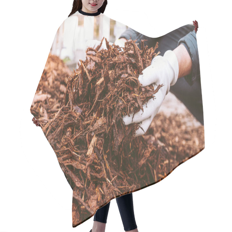 Personality  Gardener's Hands In Gardening Gloves Hold Recycled Tree Bark, Natural Brown Color Mulch For Trees And Beds. Recycling And Sustainability Hair Cutting Cape