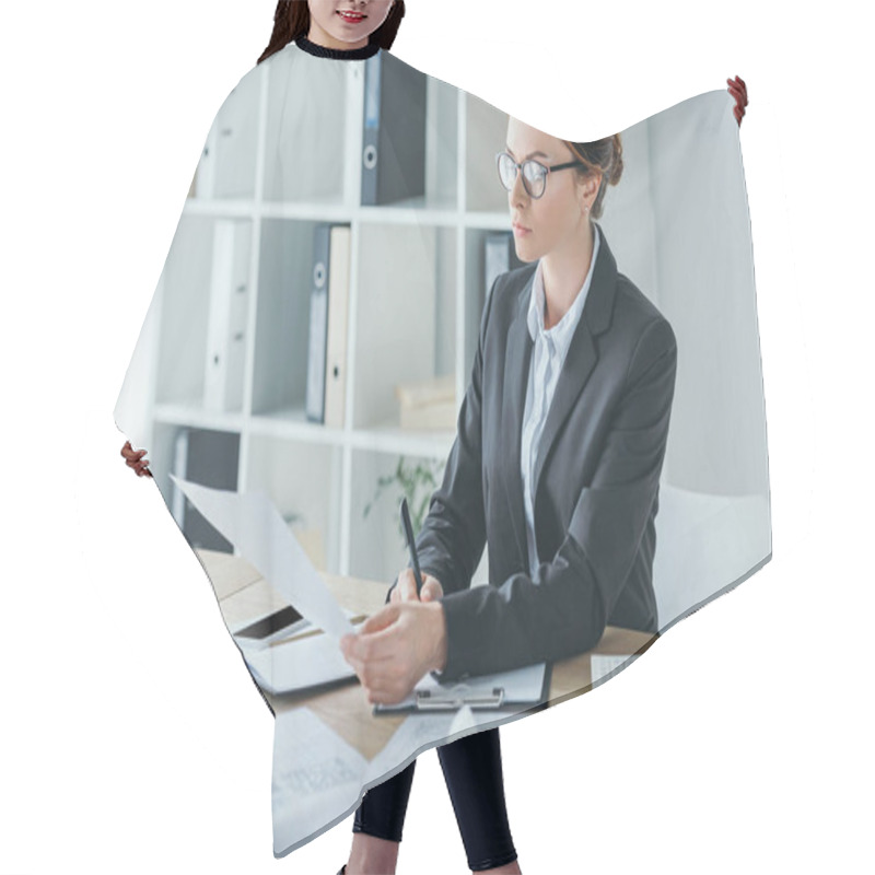 Personality  Attractive Financier Working With Documents At Table In Office  Hair Cutting Cape