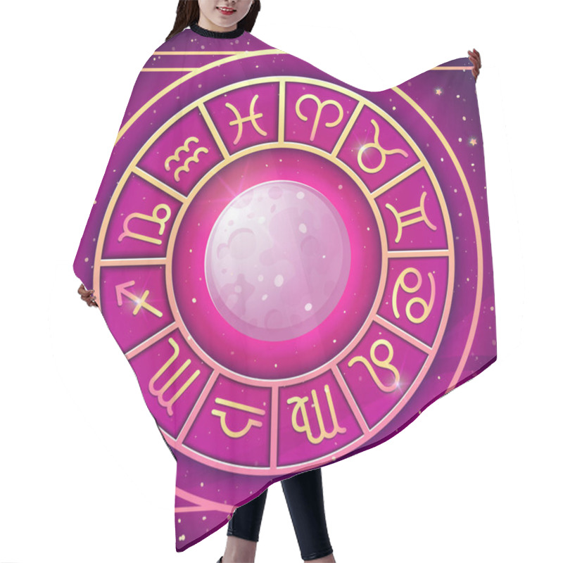 Personality  Zodiac Wheel With Zodiac Signs Set With Full Moon, Astrological Horoscope Symbols. Vector Illustration Hair Cutting Cape