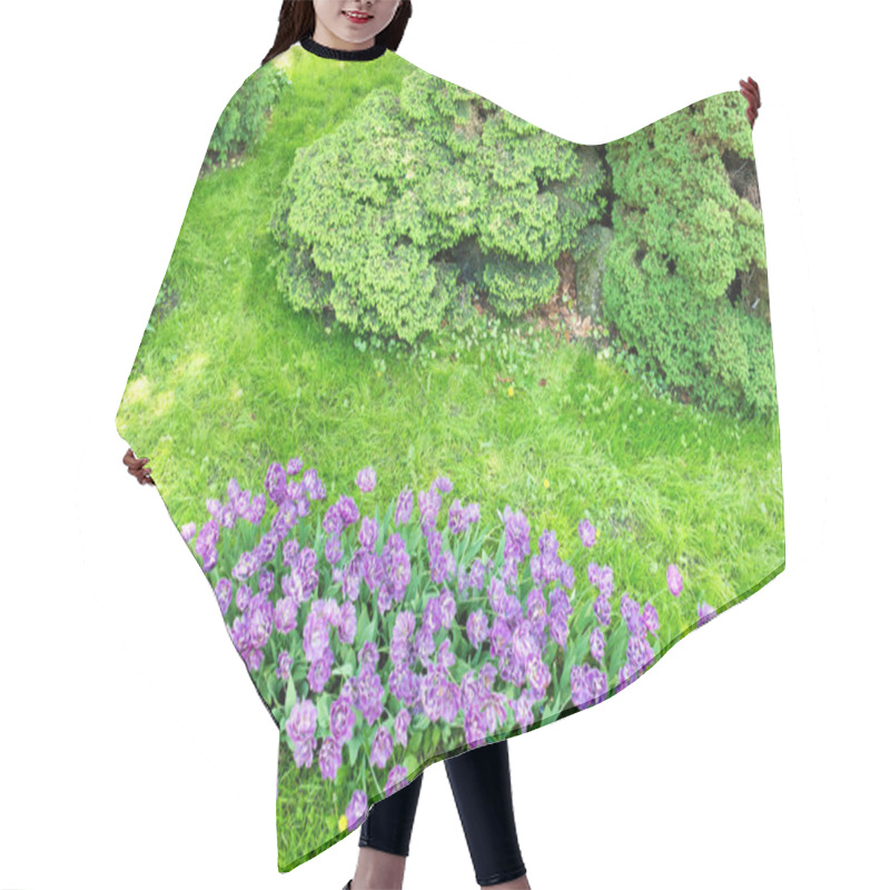 Personality  Flowerbed With Purple And Pink Flowers Tulips And Green Grass Hair Cutting Cape