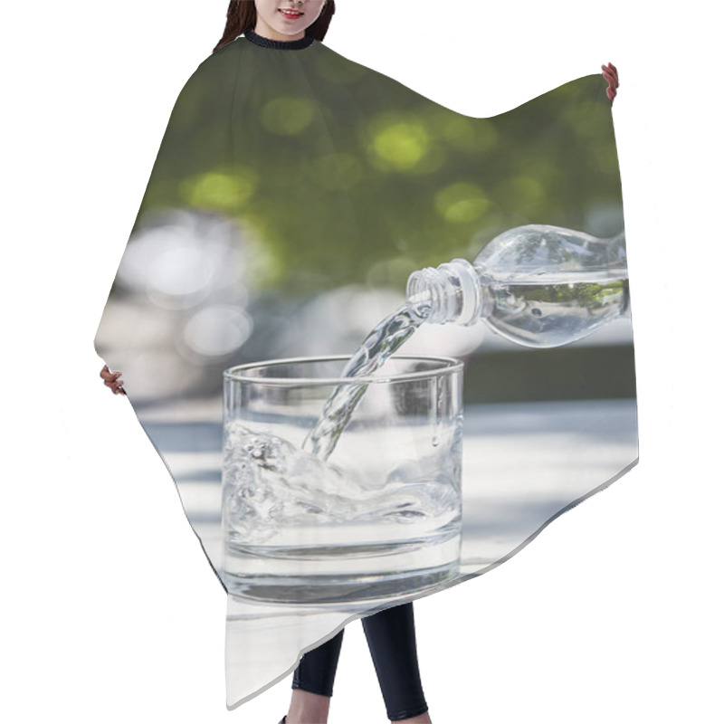 Personality  Fresh Clean Water Pouring From Bottle In Transparent Glass At Sunny Day On Wooden Table Hair Cutting Cape