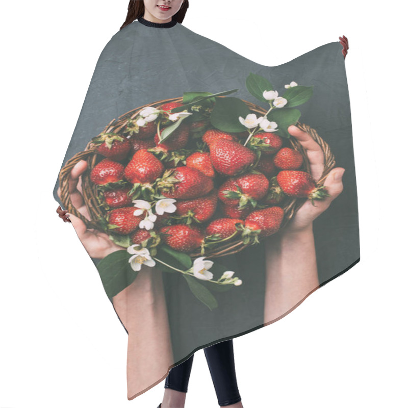 Personality  Cropped Shot Of Person Holding Basket With Fresh Ripe Strawberries And Jasmine Flowers Hair Cutting Cape