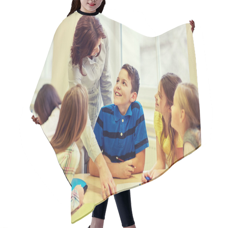 Personality  Group Of School Kids Writing Test In Classroom Hair Cutting Cape