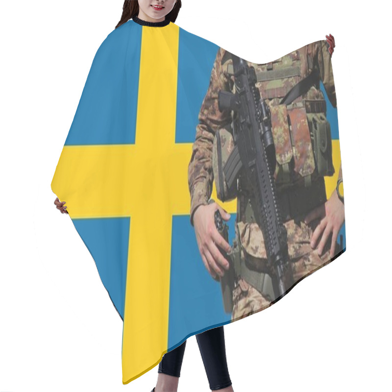 Personality  Swedish Flag With The Soldier As Background , Concept Of Army . Hair Cutting Cape