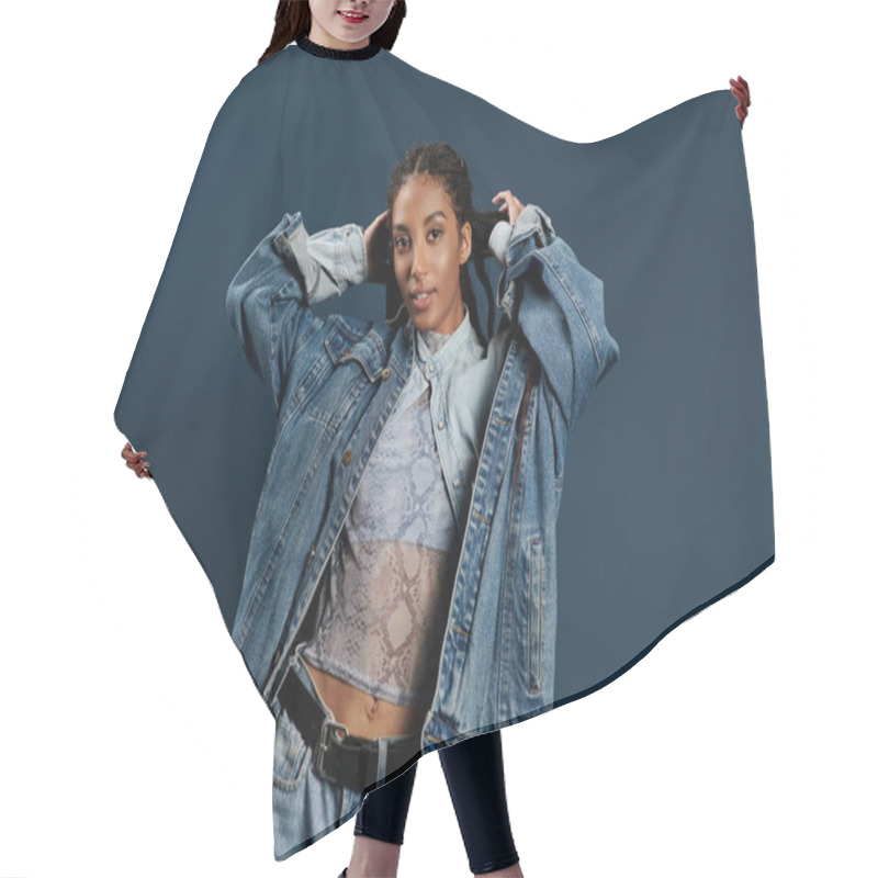 Personality  A Young Woman Confidently Displays Her Stylish Denim Outfit With Creativity. Hair Cutting Cape