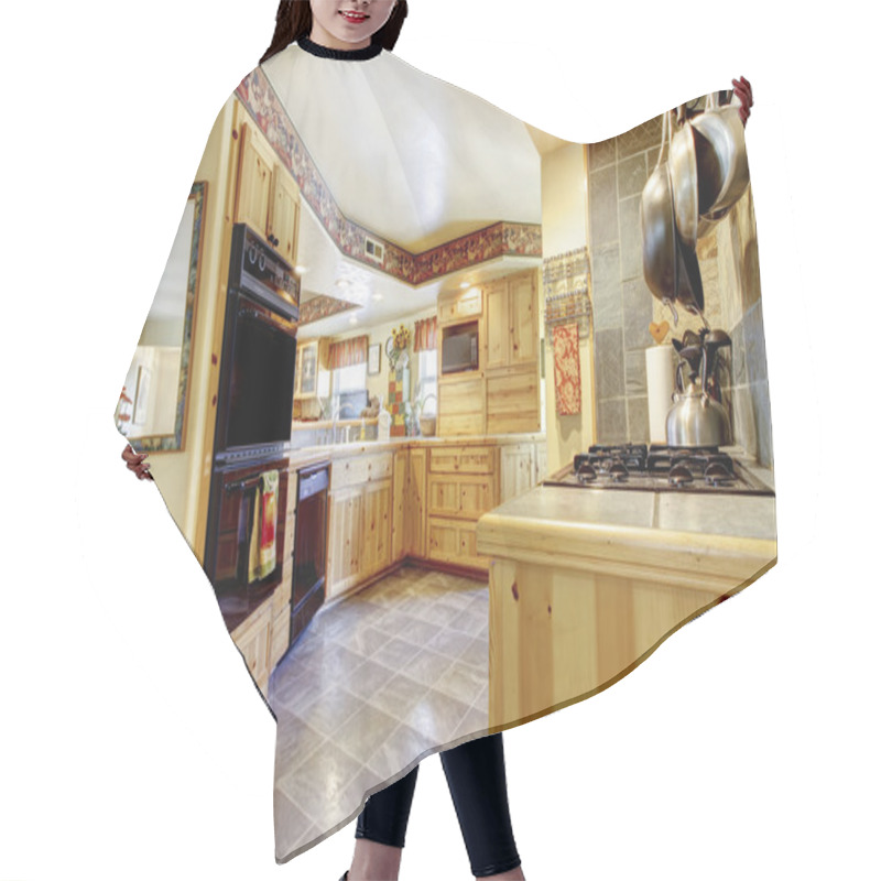 Personality  Rustic Kitchen Interior. Hair Cutting Cape