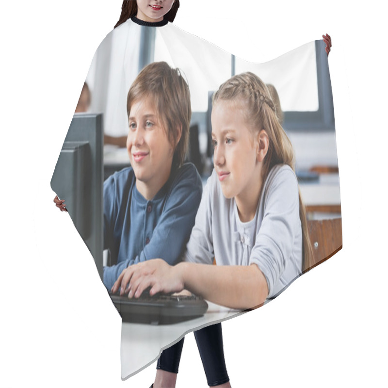 Personality  Boy And Girl Using Desktop Pc In School Computer Lab Hair Cutting Cape